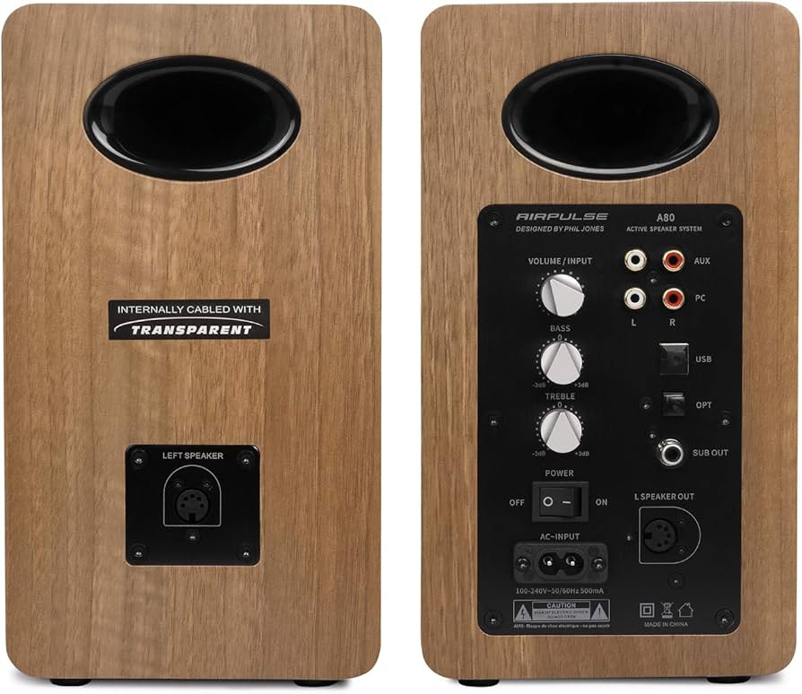 Airpulse A80 Hi-Res Audio Certified Active Speaker System, Built-in  Amplifier, Optical, Sub Out, Bluetooth 5.0 aptX, AUX, PC, and USB Inputs -  Pair